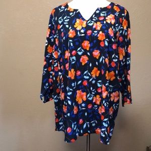 Floral Women's Blouse - Navy and‎ Orange